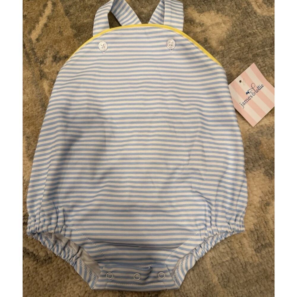 James & Lottie Blue White Stripe Sunsuit Bubble Pima Cotton 0-3 Months NWT